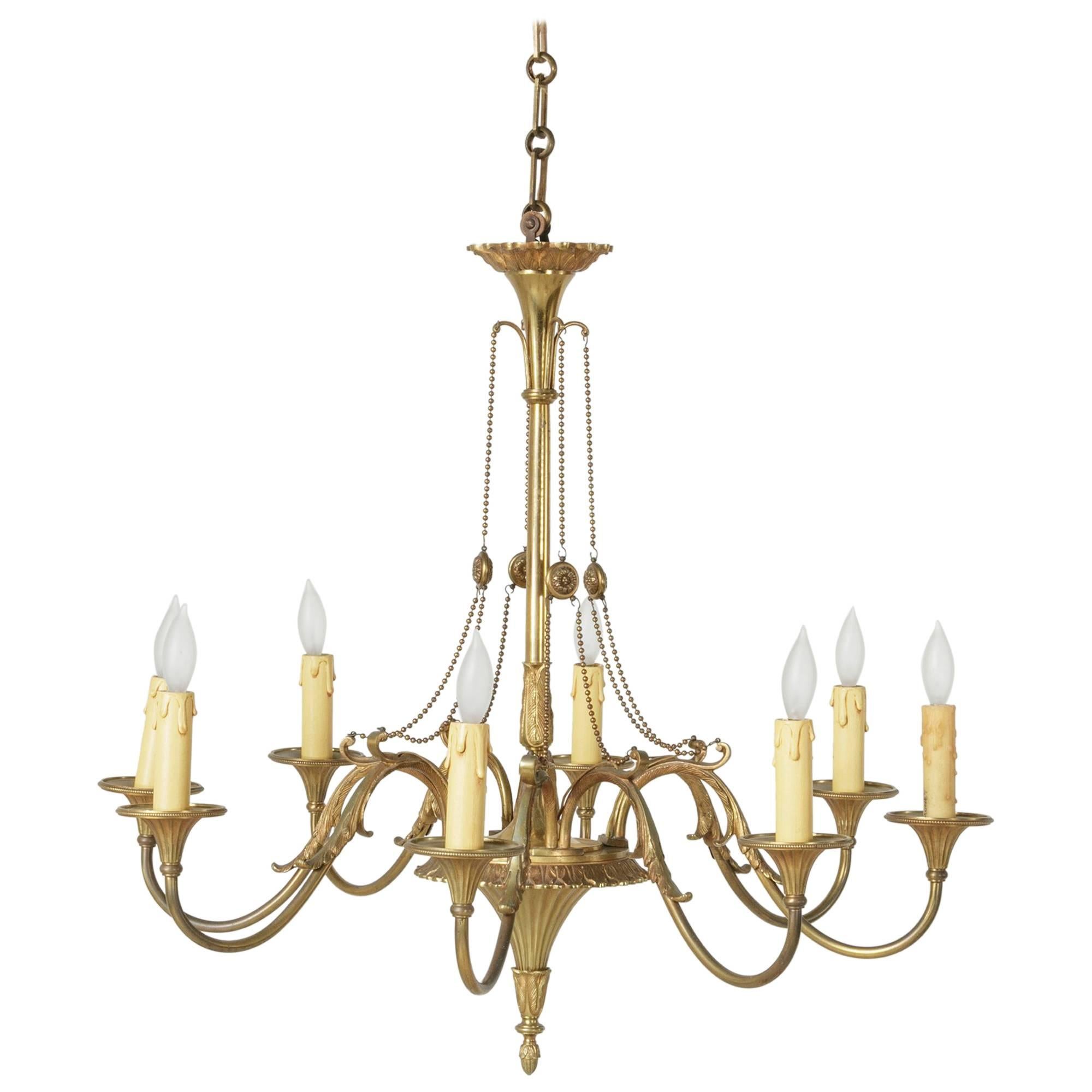 Large French Mid-Century Louis XVI Style Bronze Chandelier with Eight Lights