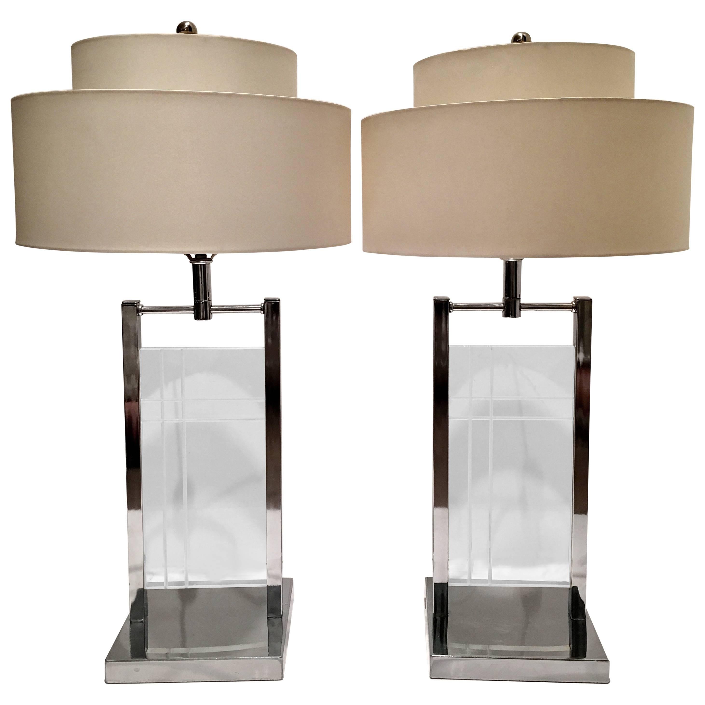 1970'S Pair Of Lucite & Chrome Table Lamps By, George Kovacs For Sale