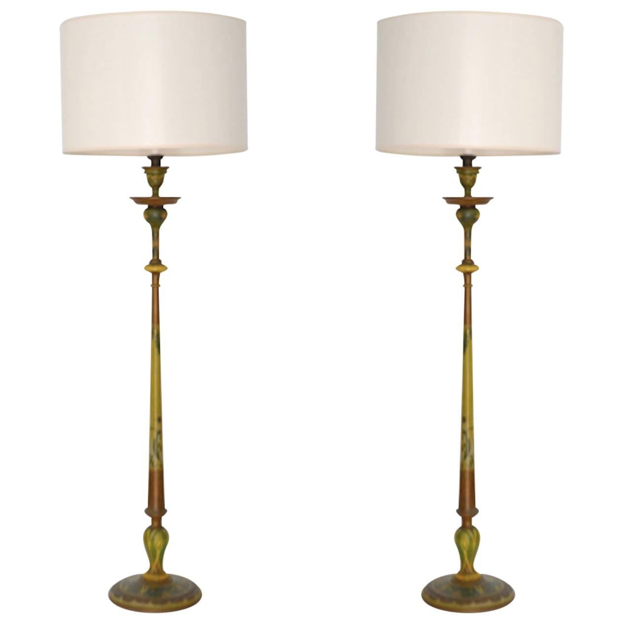 Pair of Venetian Hand-Painted Carved Wood Candlestick Table Lamps For Sale