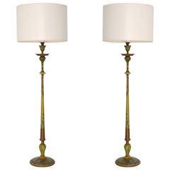 Pair of Venetian Hand-Painted Carved Wood Candlestick Table Lamps