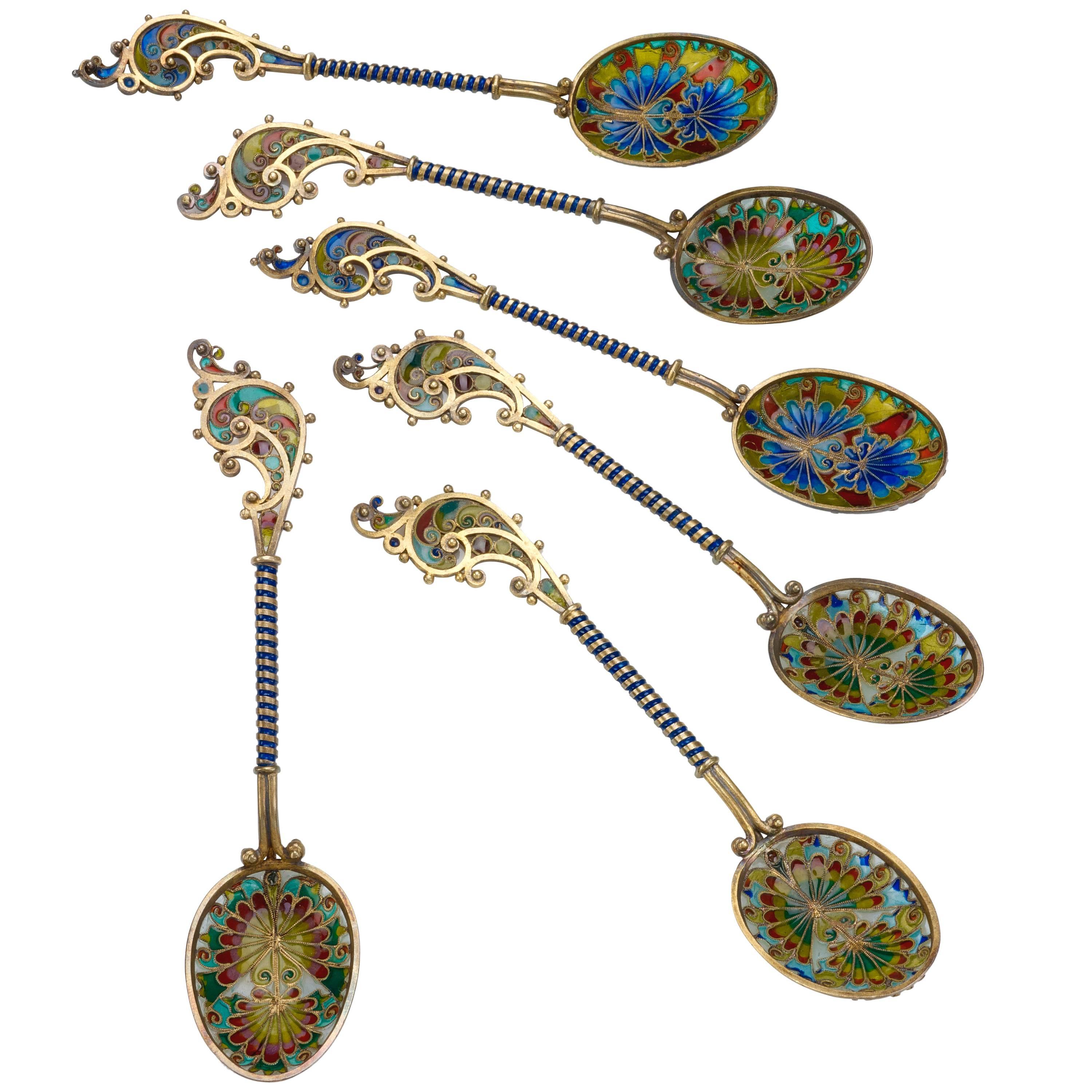 J. Tostrup, Set of Six Vermeil Coffee Spoons with Polychrome Translucent Enamels For Sale