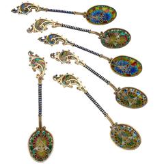 J. Tostrup, Set of Six Vermeil Coffee Spoons with Polychrome Translucent Enamels