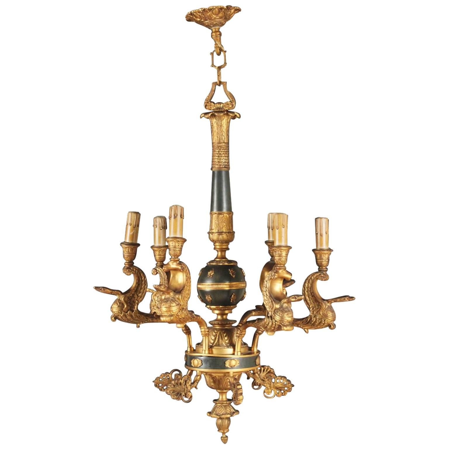 Gilded and Burnished Bronze Chandelier with Empire Design, Italy, 19th Century