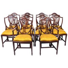 Retro Grand Set Ten Hepplewhite Shield Back Dining Chairs, 20th Century