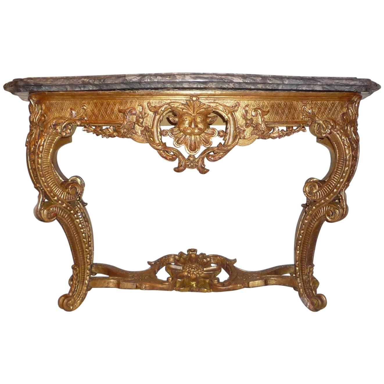 French Regence Period Giltwood Console Table with Marble Top, circa 1730