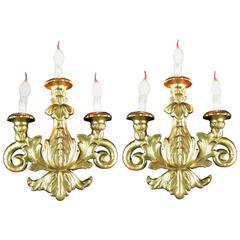 Pair of Carved Giltwood Sconces, 19th Century Italian Three-Light Wall Lights 3