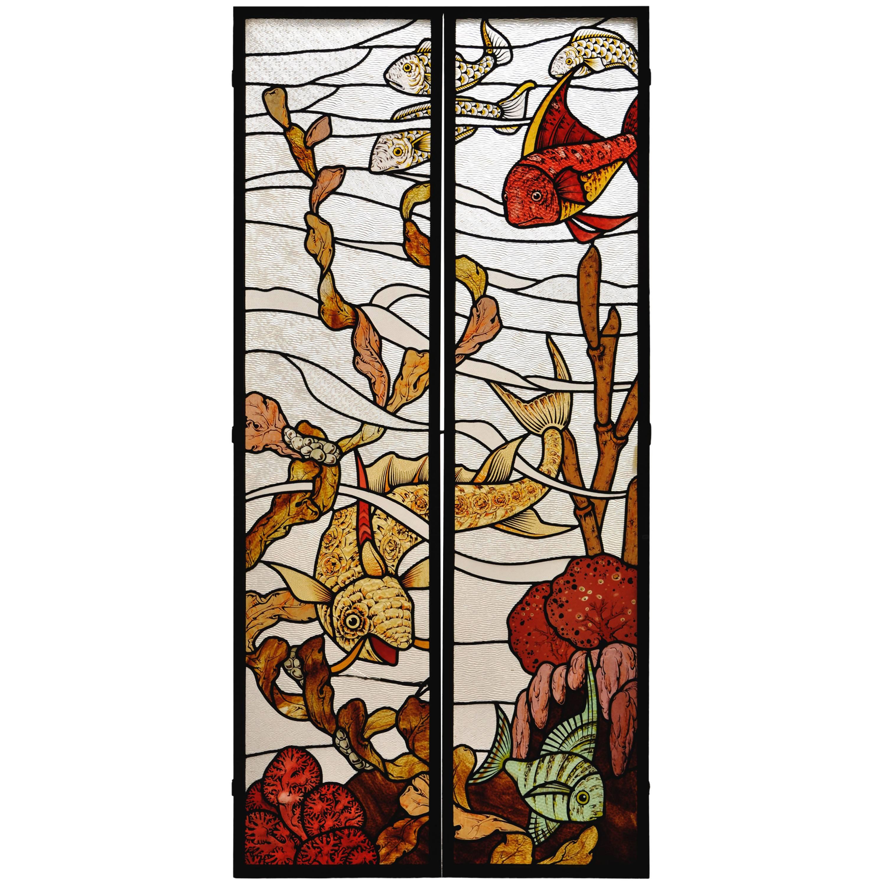 Pair of Stained Glass Windows with Japanese Style Decor of Koi Carps For Sale