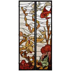 Pair of Stained Glass Windows with Japanese Style Decor of Koi Carps