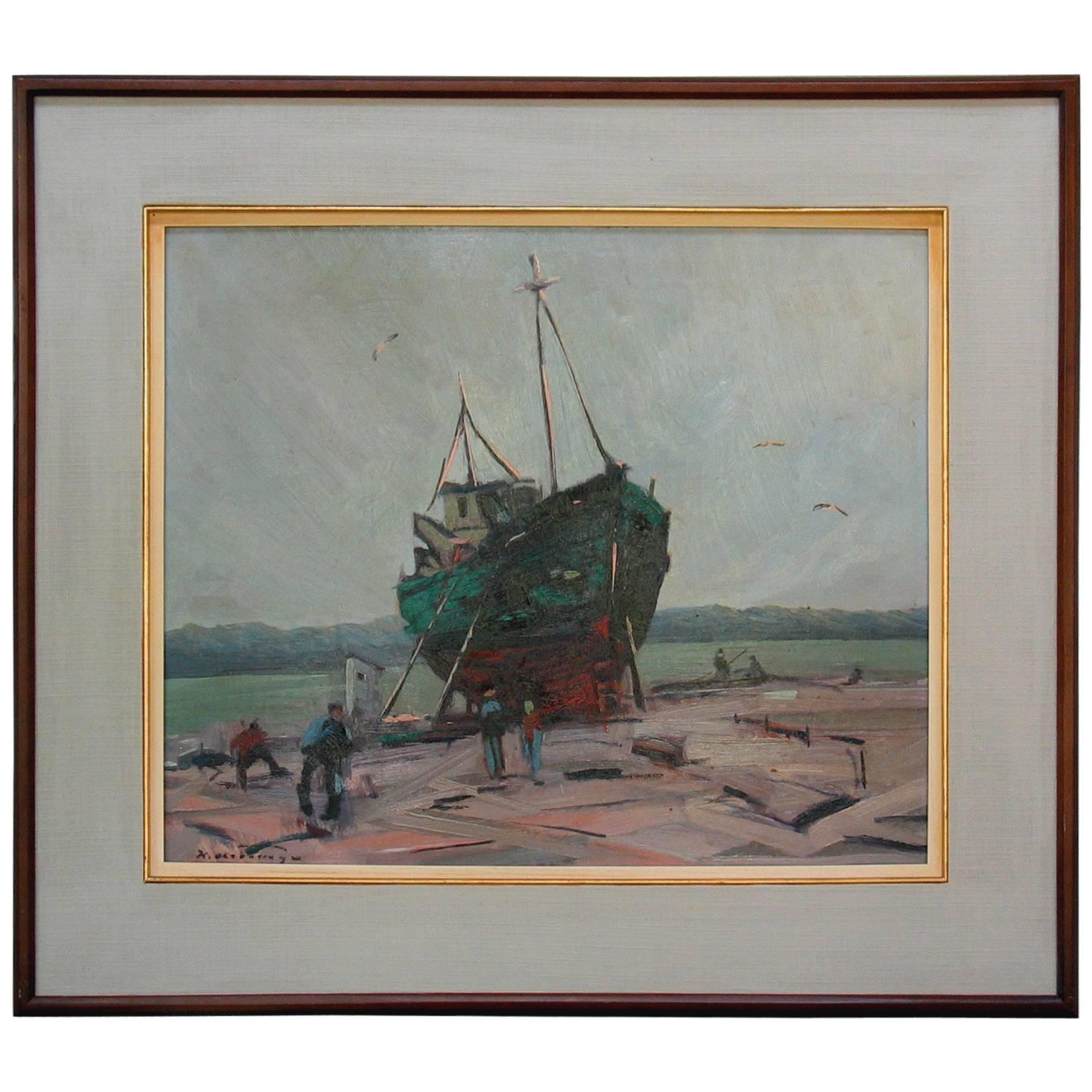 Quadro di Klement Olsansky, intitolato Barca da pesca in bacino di carenaggio, Canada, circa 1945