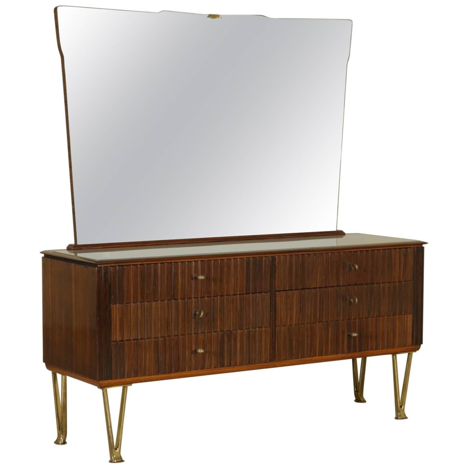 Chest of Drawers with Mirror Rosewood Veneer Casted Brass Glass Top Vintage