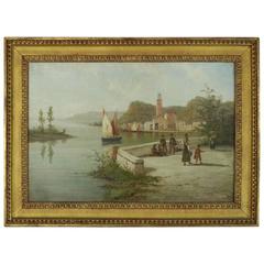 Antique Italian Venetian Oil on Canvas of Harbor Scene, circa 1880 1