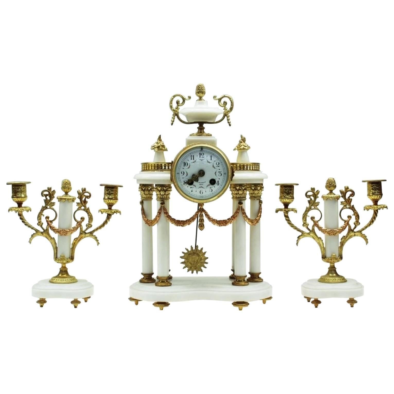 Napoleon III White Marble and Ormolu Mantel Clock Set, Garniture by Mougin Paris