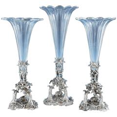 Three Silver Plated and Glass Vases