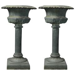Pair of 20th Century, French Cast Iron Pedestal Garden Urns