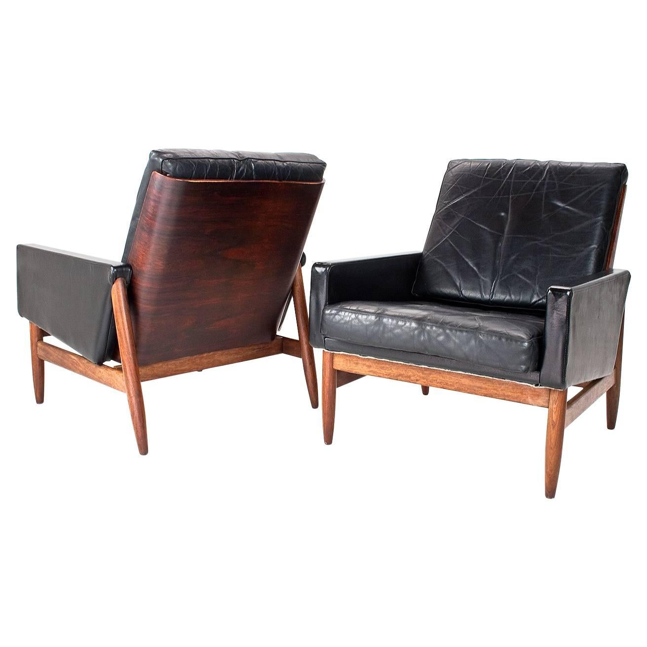 1950s Set of Scandinavian Mid-Century Leather, Teak and Rosewood Lounge Chairs
