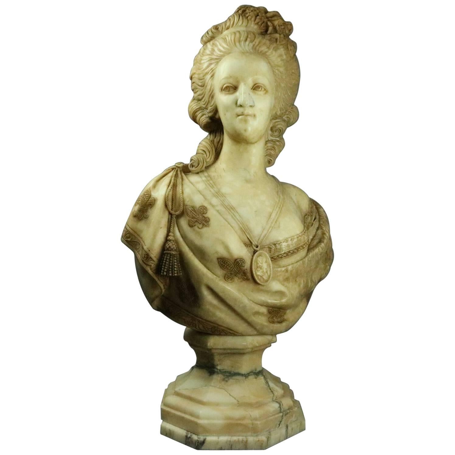 Antique Italian Carved Marble Bust after Houdon of Marie Antoinette, circa 1850