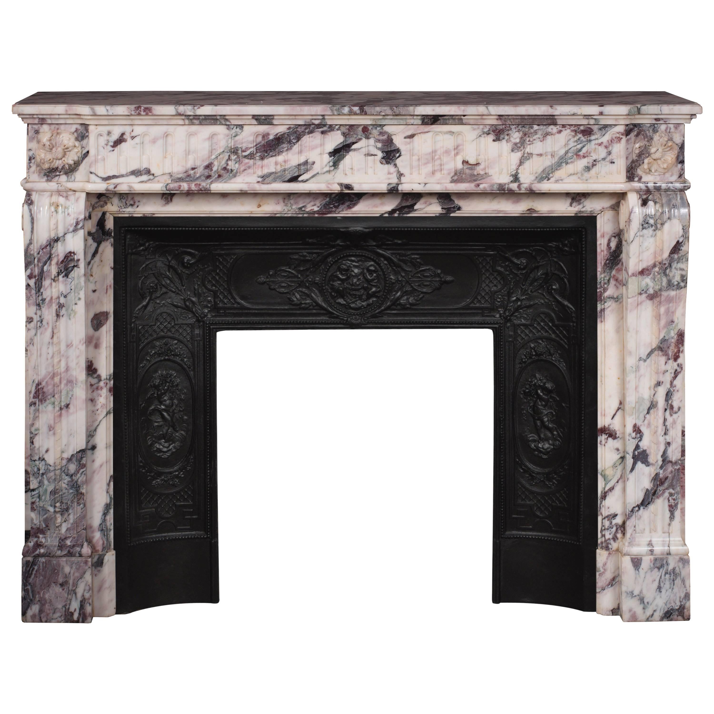 Louis XVI Style Fireplace with Flutings Decor in Violet Breccia Marble For Sale