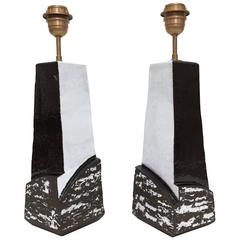 Pair of Faceted Ceramic Lamp Bases Glazed in Black and White 6