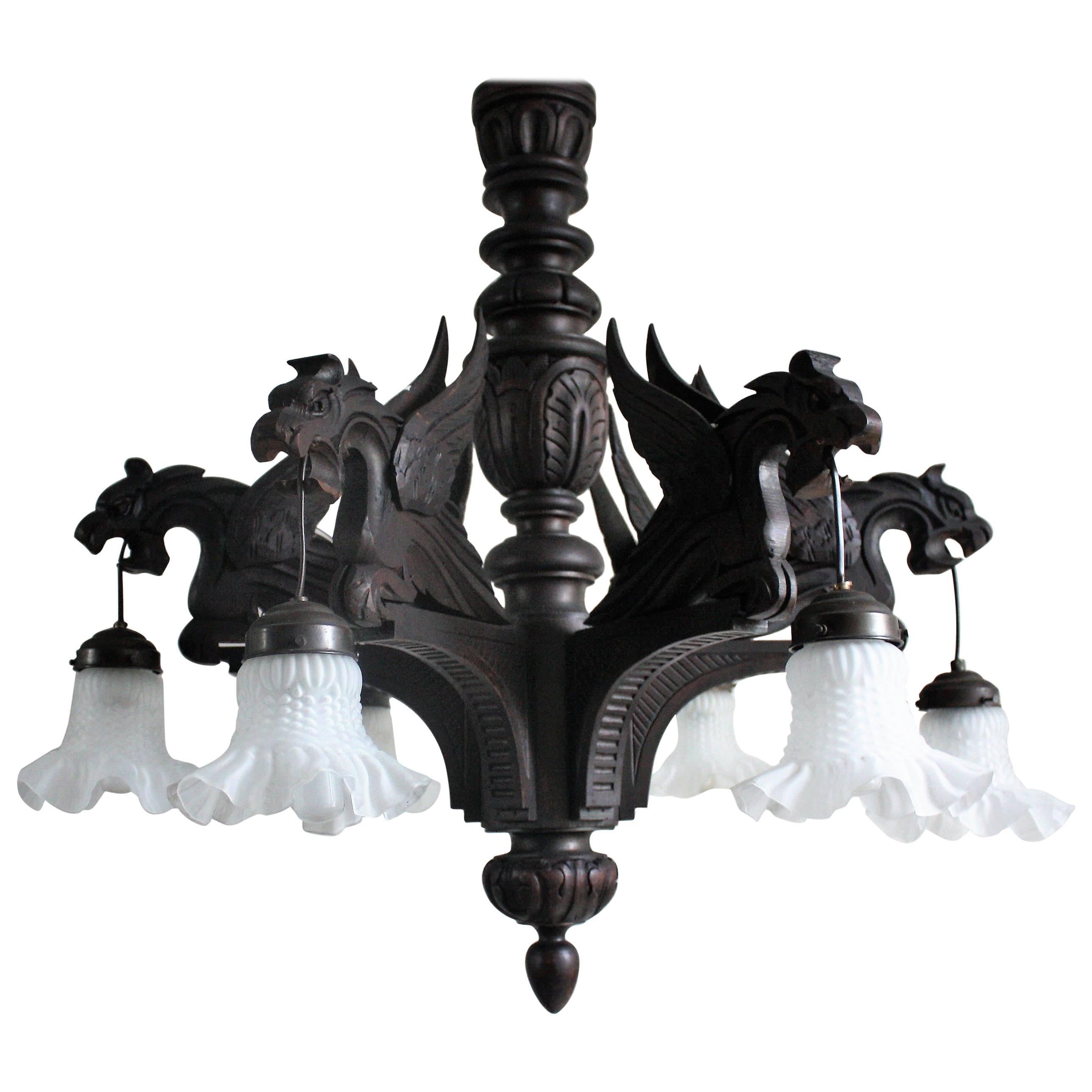 Stunning Six-Light Wooden Chandelier, Hand-Carved, circa 1900 Gothik Style