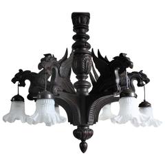 Antique Stunning Six-Light Wooden Chandelier, Hand-Carved, circa 1900 Gothik Style