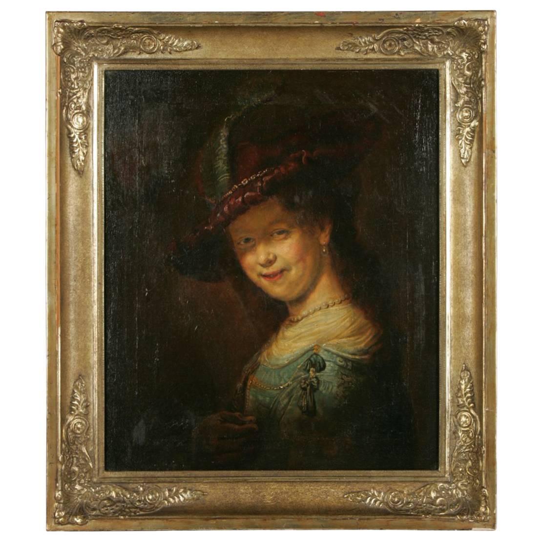 19th Century Barock Style Oil Painting Saskia Smiling with Feather Bar