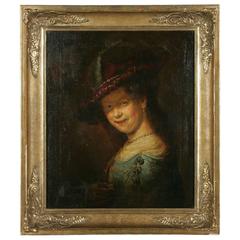 19th Century Barock Style Oil Painting Saskia Smiling with Feather Bar 7