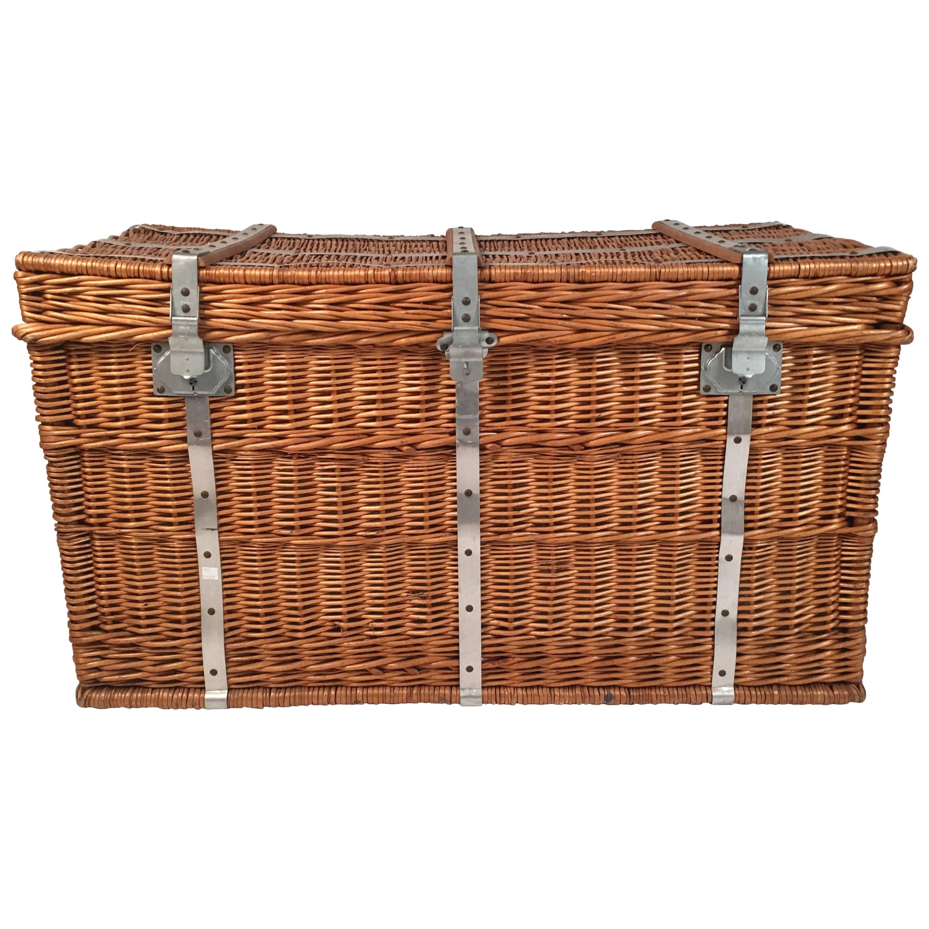 French Lined Wicker Trunk, Hamper or Coffee Table