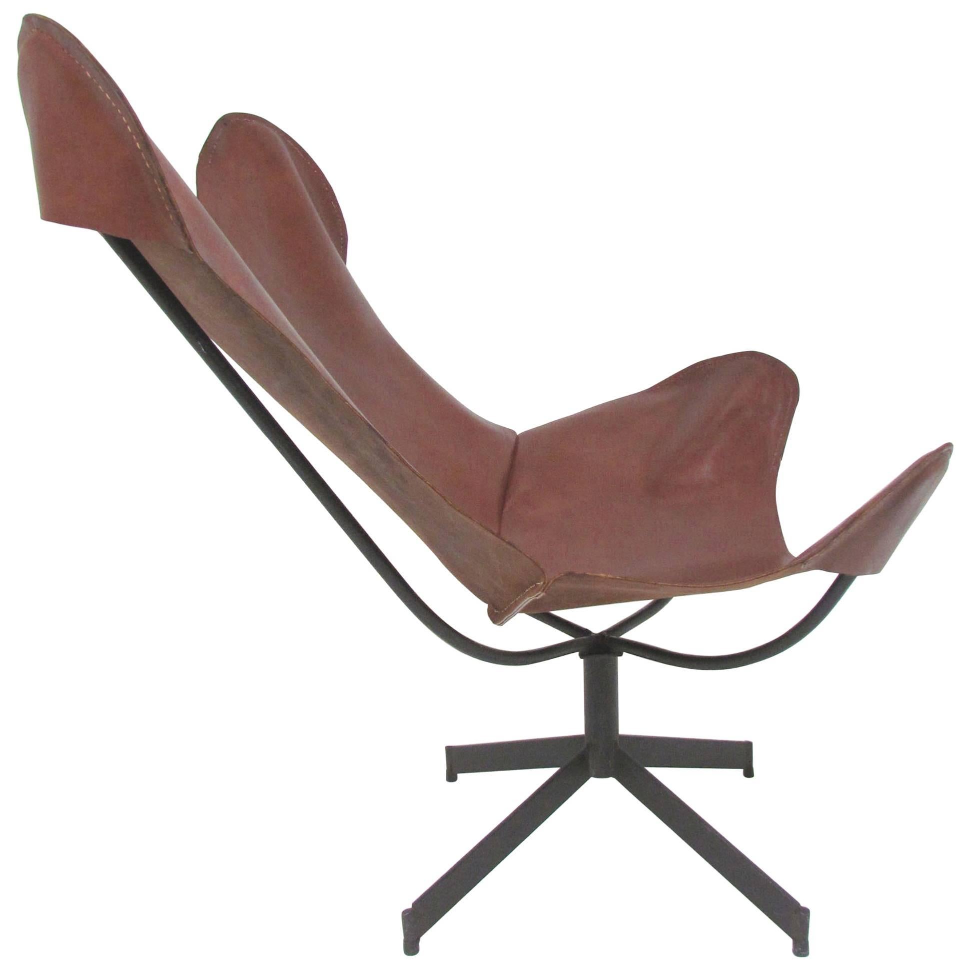 Swivel Leather Sling Lounge Chair by Leathercrafter, New York, circa 1960s