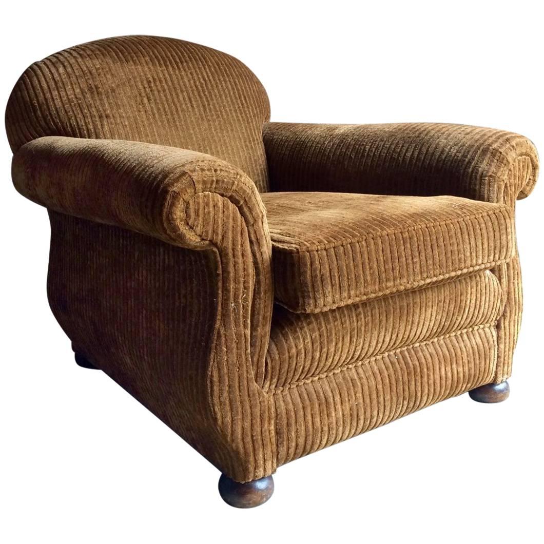 French Club Chair Armchair Art Deco Style MidCentury Large Corduroy at