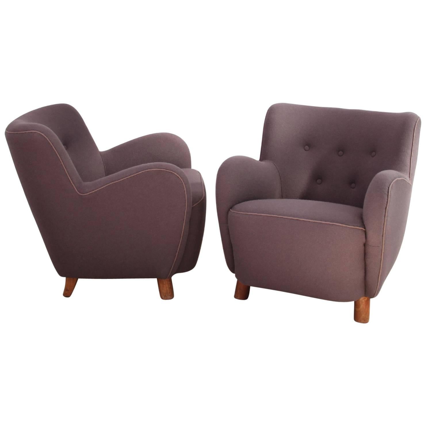 Pair of Mogens Lassen Easy Chairs in Dusty Purple Wool, 1940s