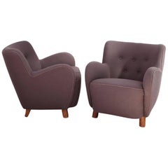 Paire de fauteuils Mogens Lassen en laine violette poussiéreuse:: années 1940