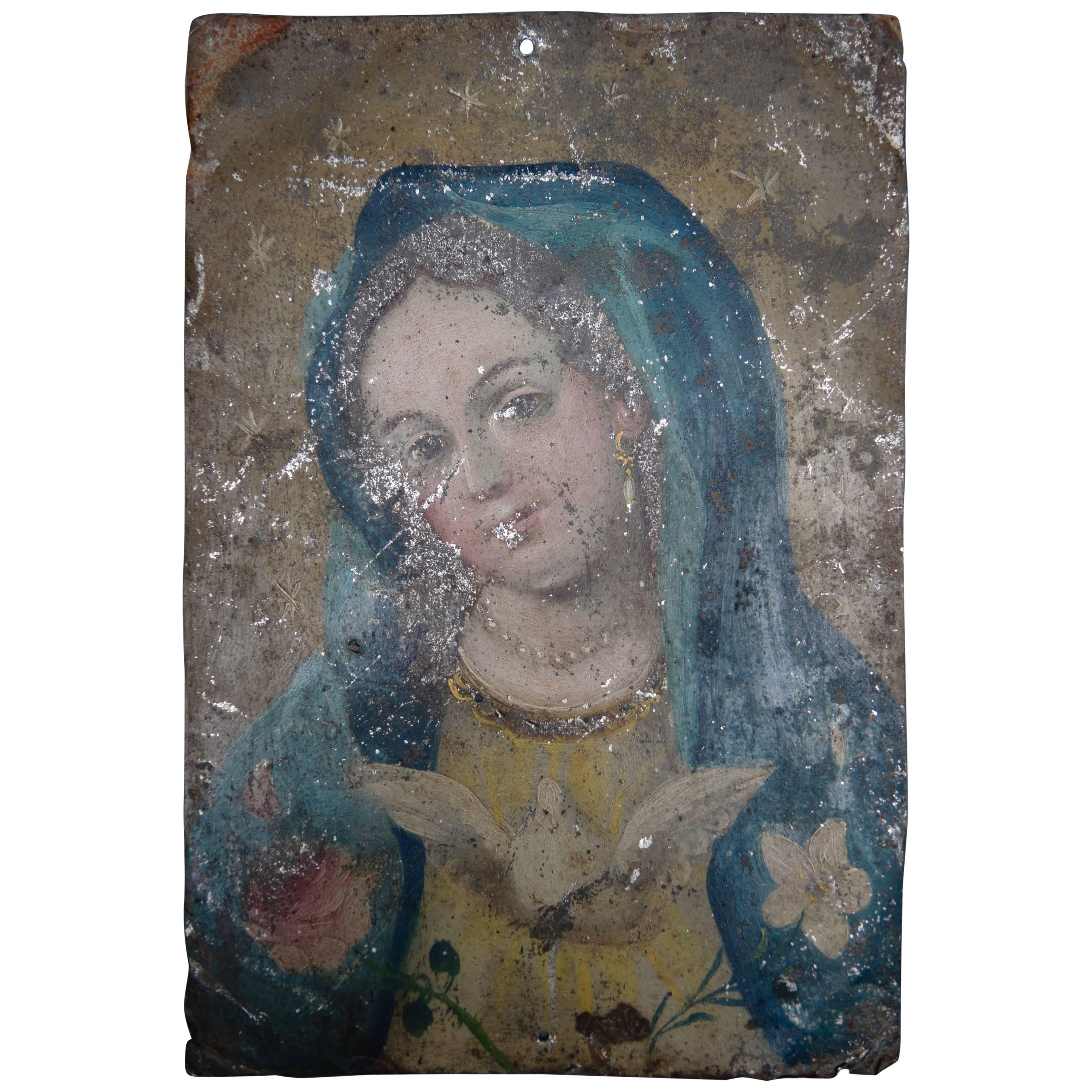 Early 19th Century Spanish Retablo Painting of Maria on Tin