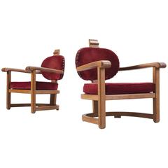 Set of Two Art Deco Lounge Chairs in Solid Oak and Red Upholstery