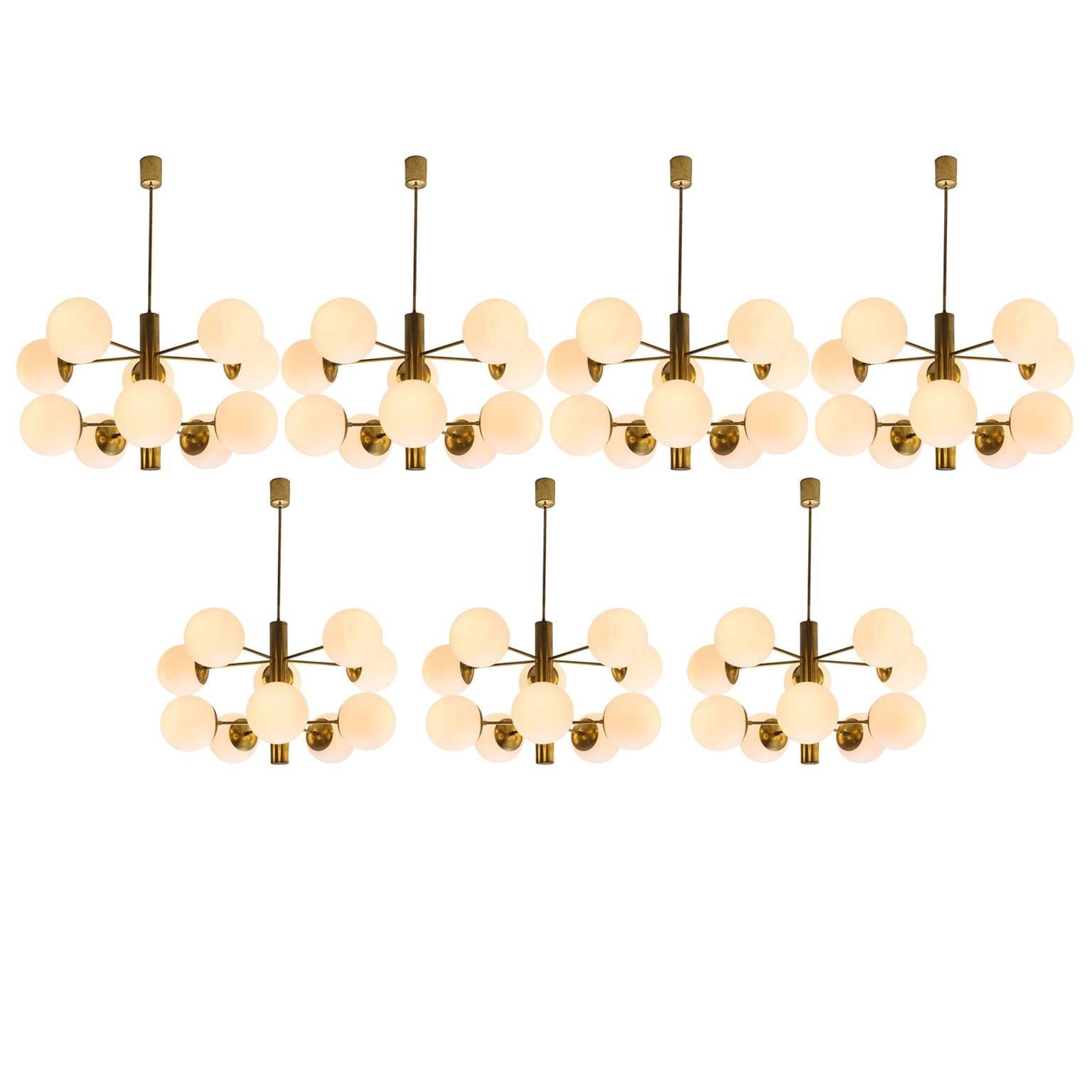 Seven Sputnik Chandeliers with Opaline Glass and Brass