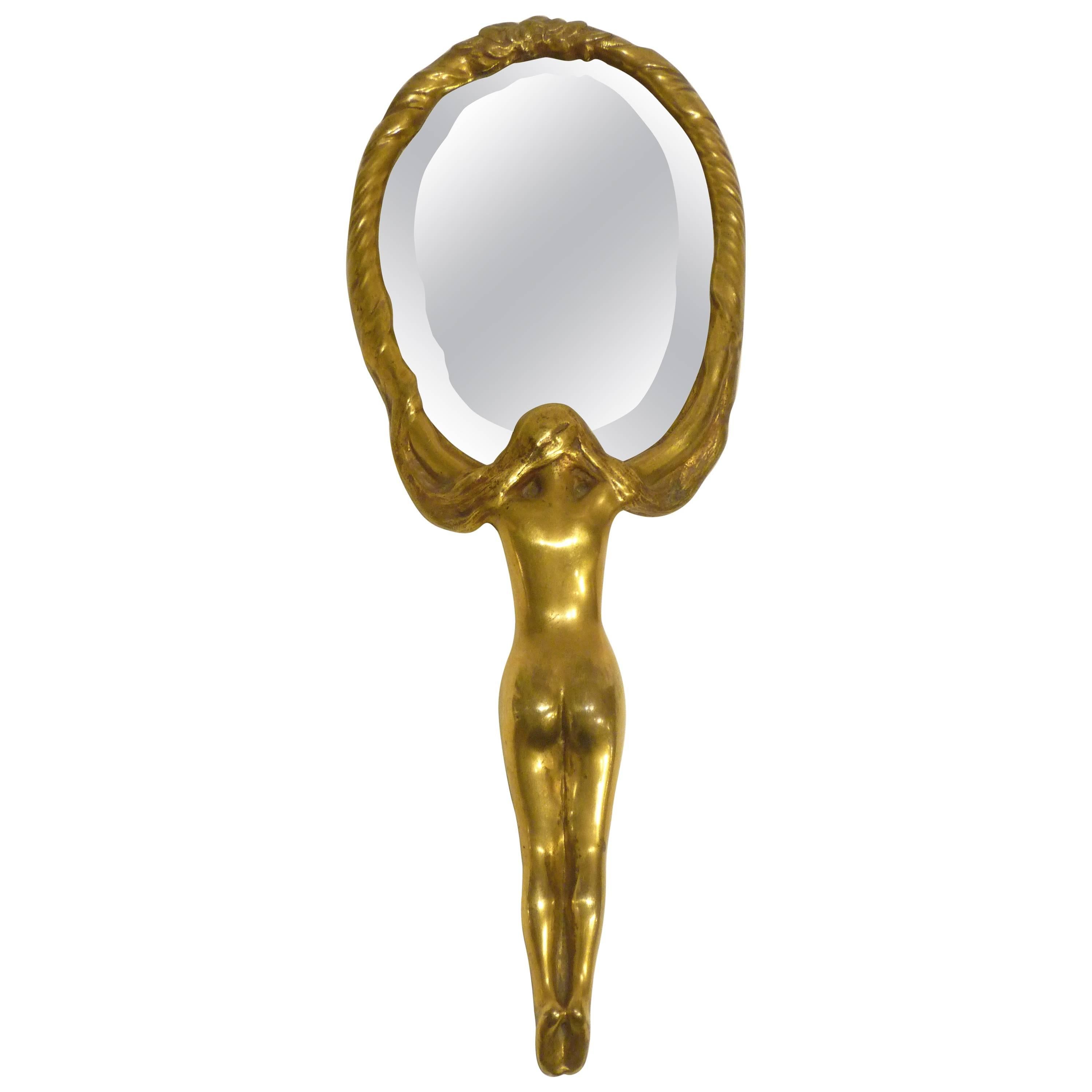 Albert Bartholomé, an Art Nouveau Gilt Bronze Hand Mirror, Signed For Sale
