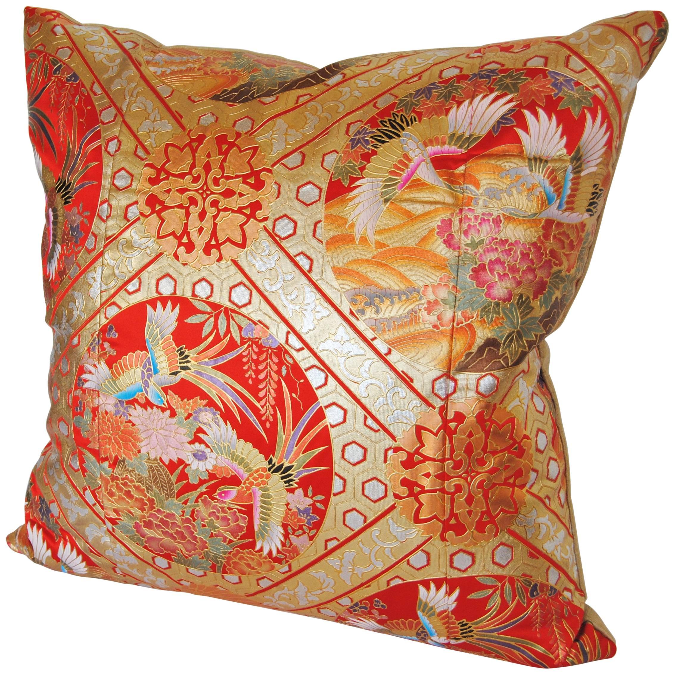 Custom Pillow Cut from a Japanese Silk Hand-Painted Uchikake Wedding Kimono For Sale