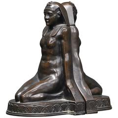Old Egyptian Revival Bronze Hand Maiden Bookends Sculptures