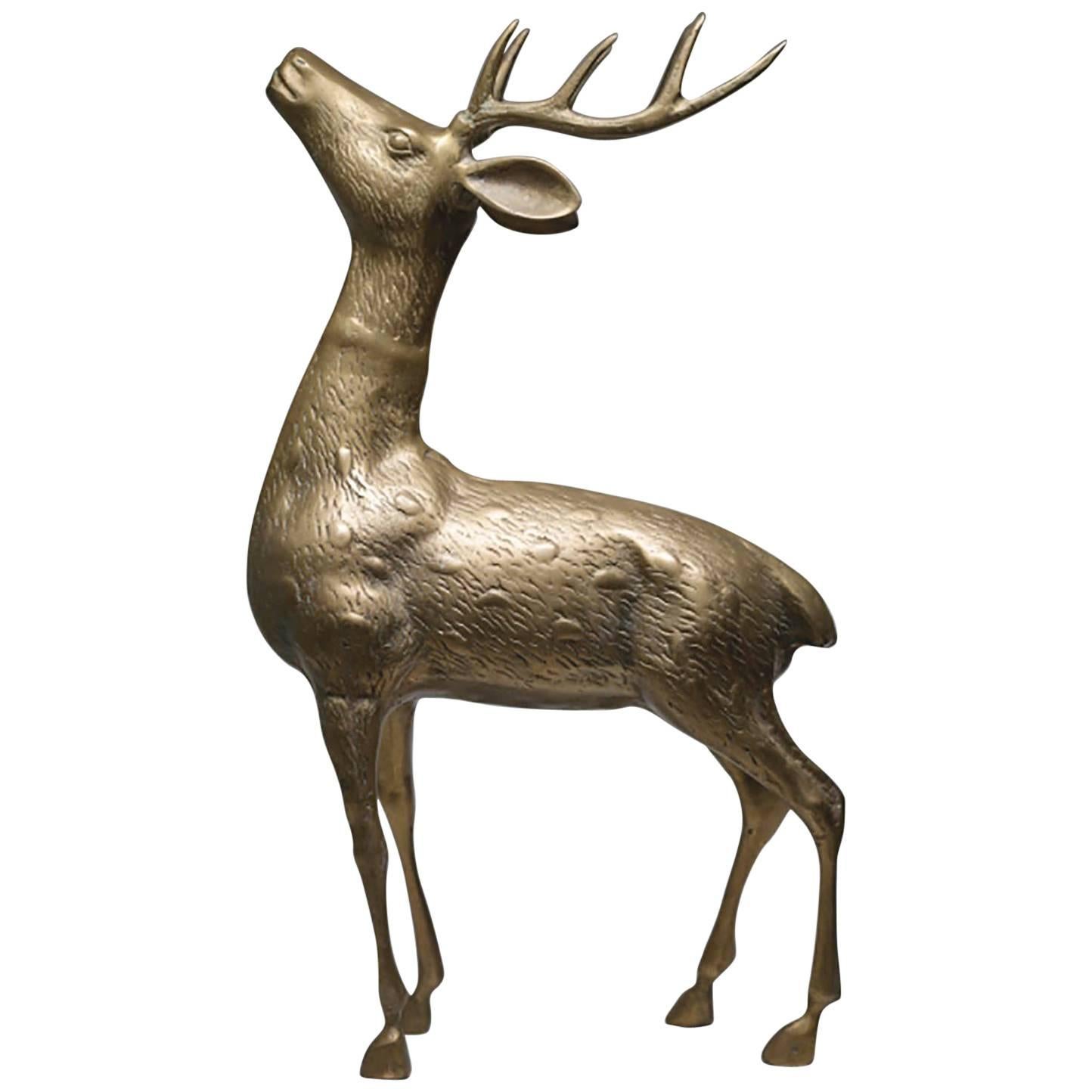 Large Mid-Century Brass Deer with Antlers