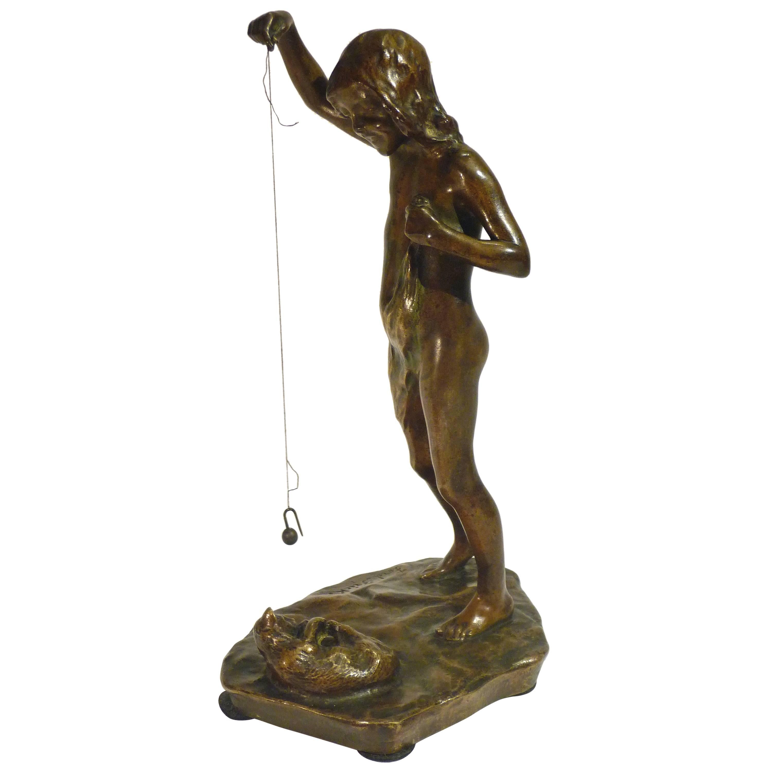 Ferdinand Frick, Girl Playing with Her Kitty, a Bronze Sculpture, Signed For Sale