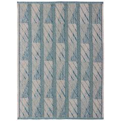 Large Scandinavian Design Carpet with Slanted Line Design in Blue and Green Large Scandinavian Design Carpet with Slanted Line Design in Blue and Green