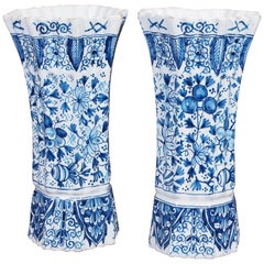 Pair of 19th Century Delft Ribbed Trumpet Vases 1