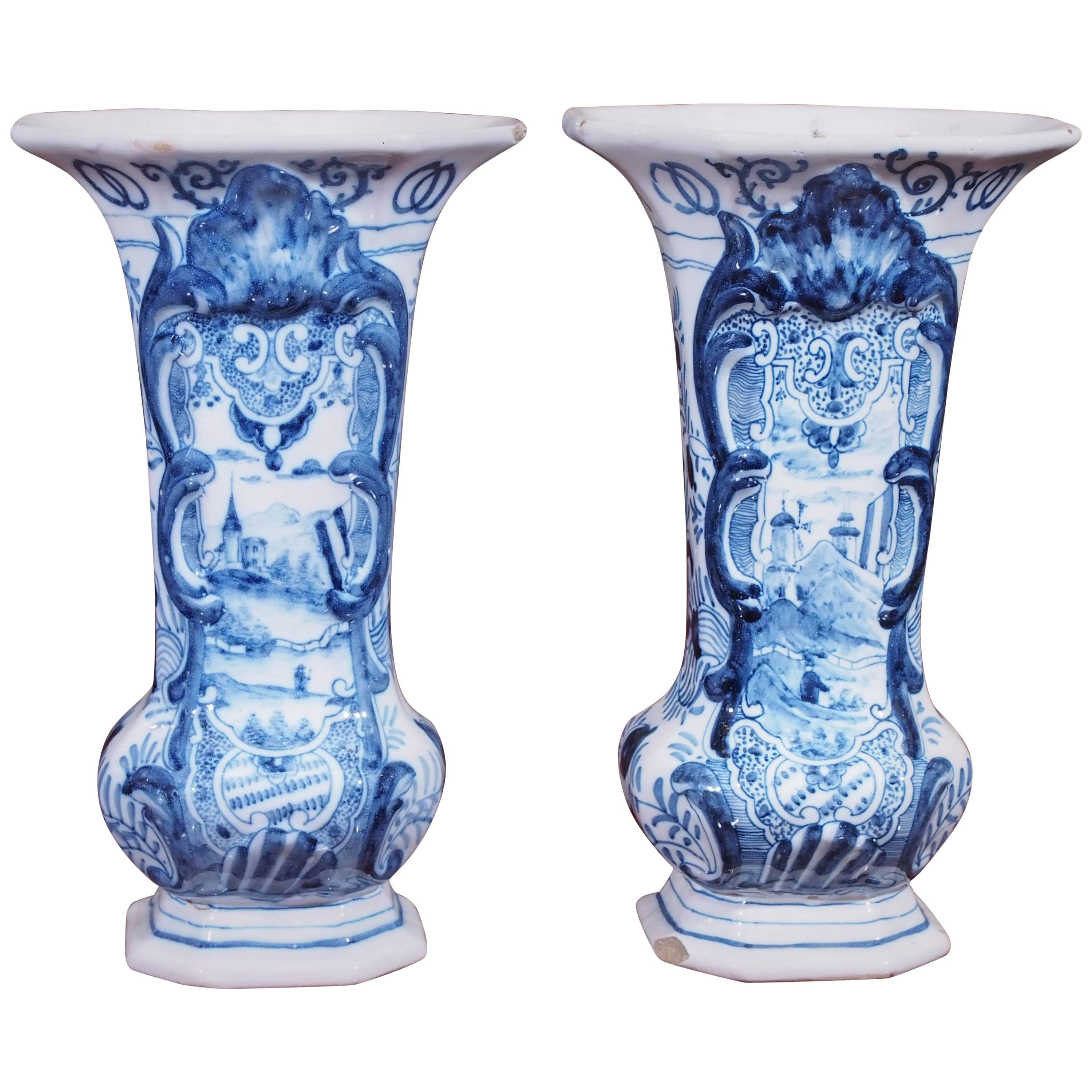 Pair of 19th Century Delft Trumpet Form Vases For Sale