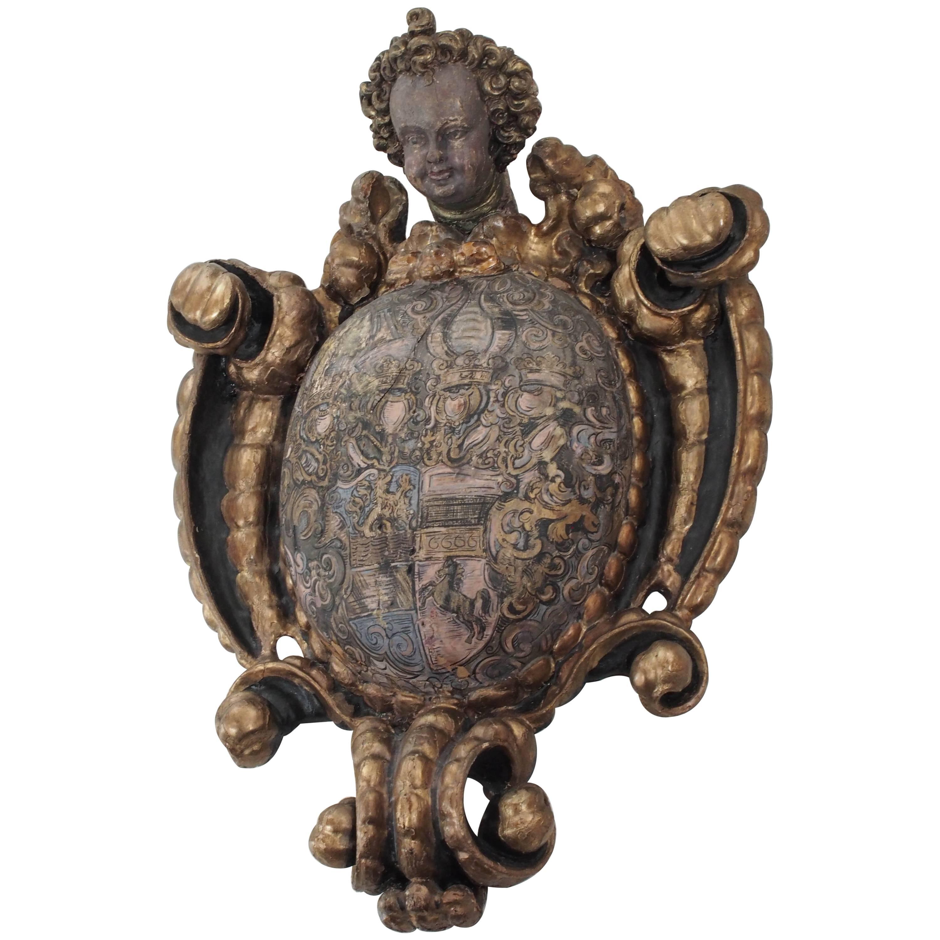 Spanish Putto Mounted Carved Wood Amorial Crest