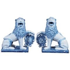 Pair of Blue and White Delft Lions with Shields 2