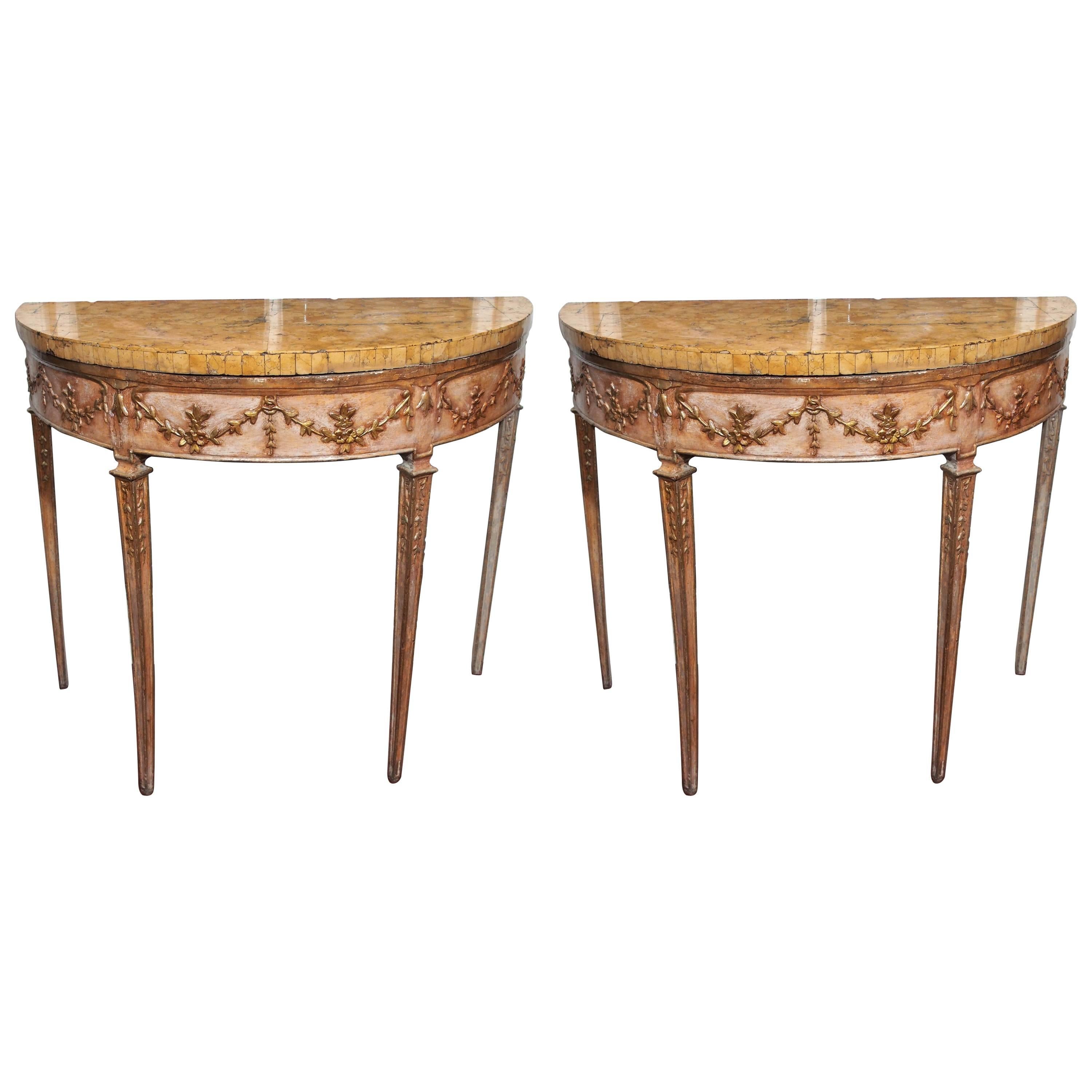 Pair of Italian Louis XVI Parcel Gilt and Painted Demilune Console Tables