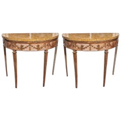 Pair of Italian Louis XVI Parcel Gilt and Painted Demilune Console Tables