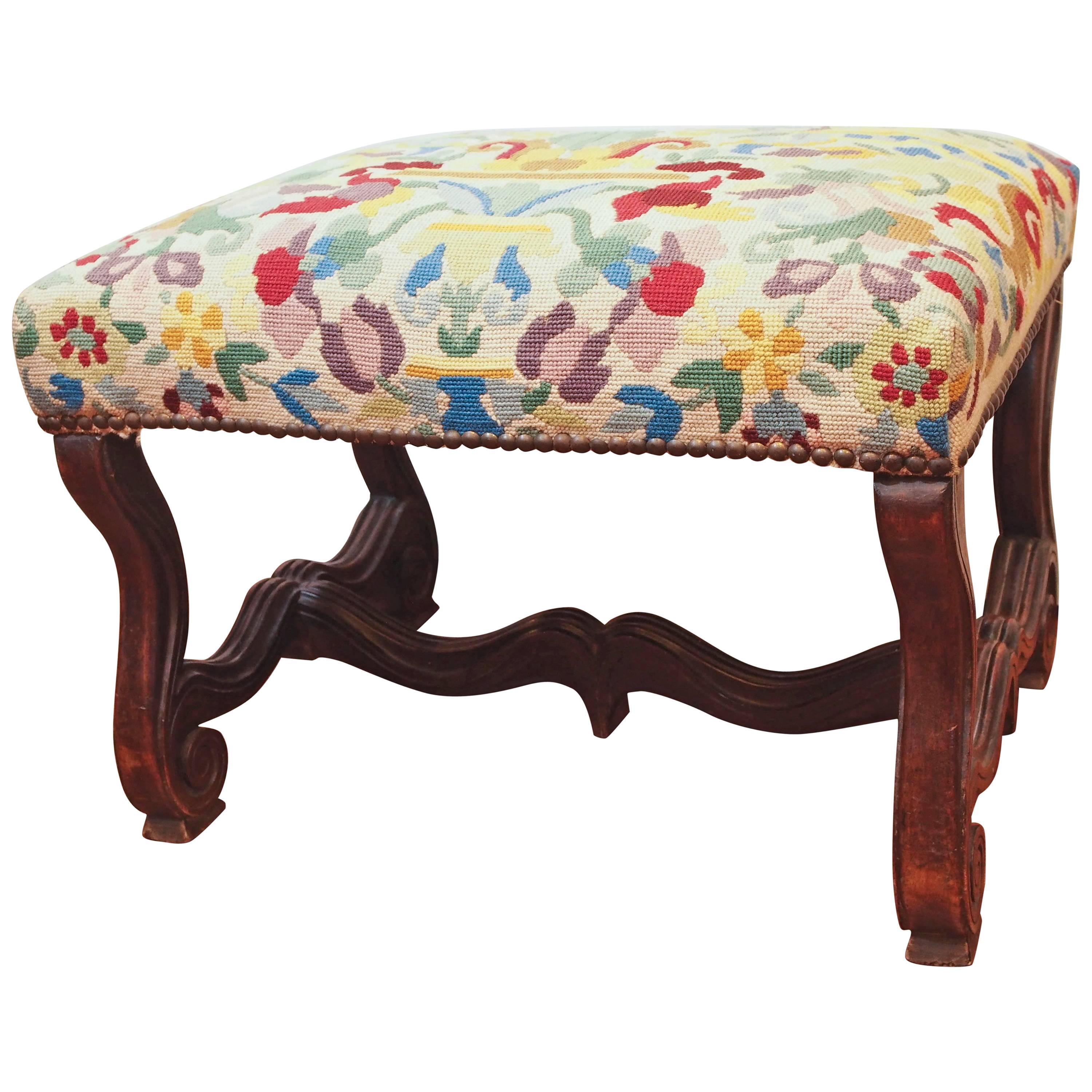 French Walnut Stool with Needlepoint Cover
