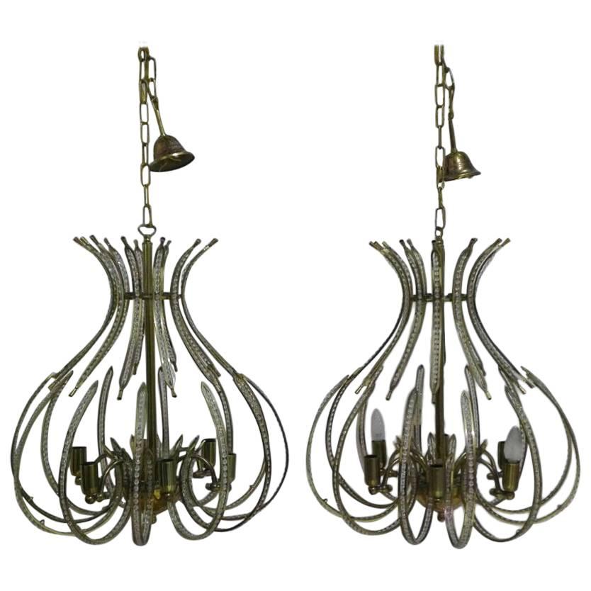 Pair of Brass and Crystal Chandeliers from the Ceiling, 20th Century For Sale