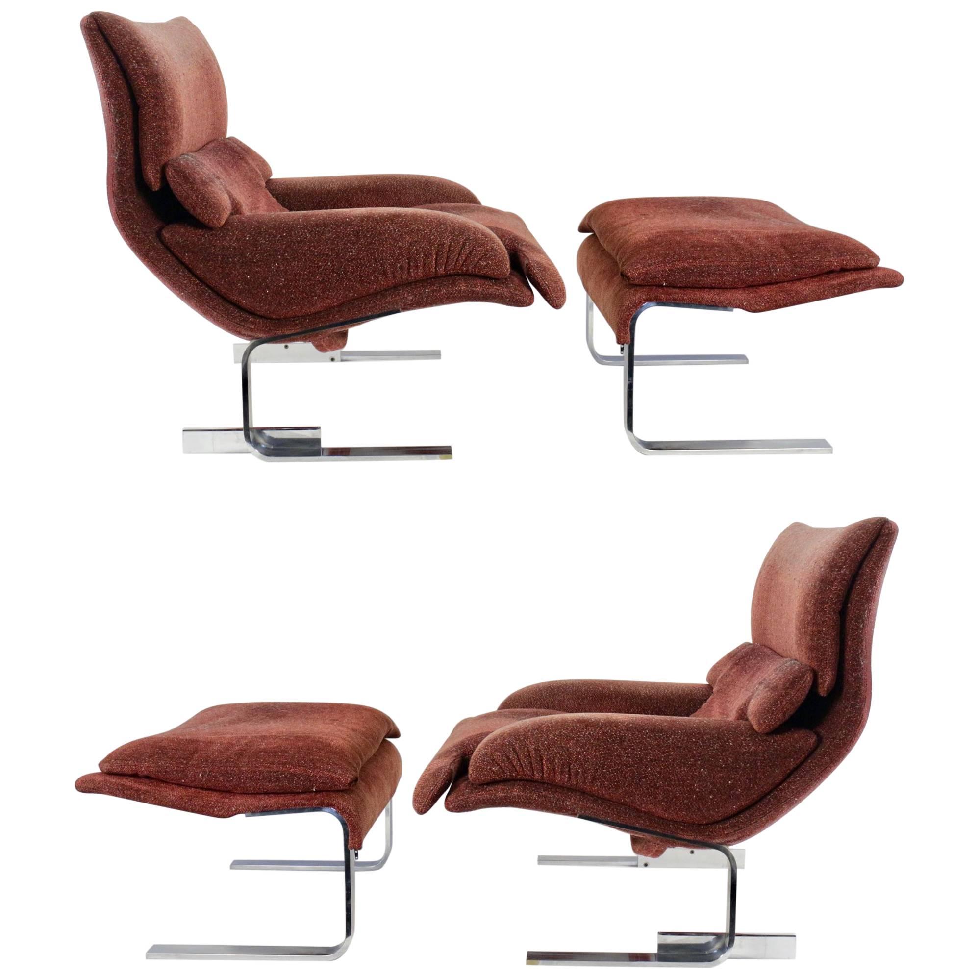 Pair of "Onda" Lounge Armchairs with Matching Footstools by G. Offredi, 1970s