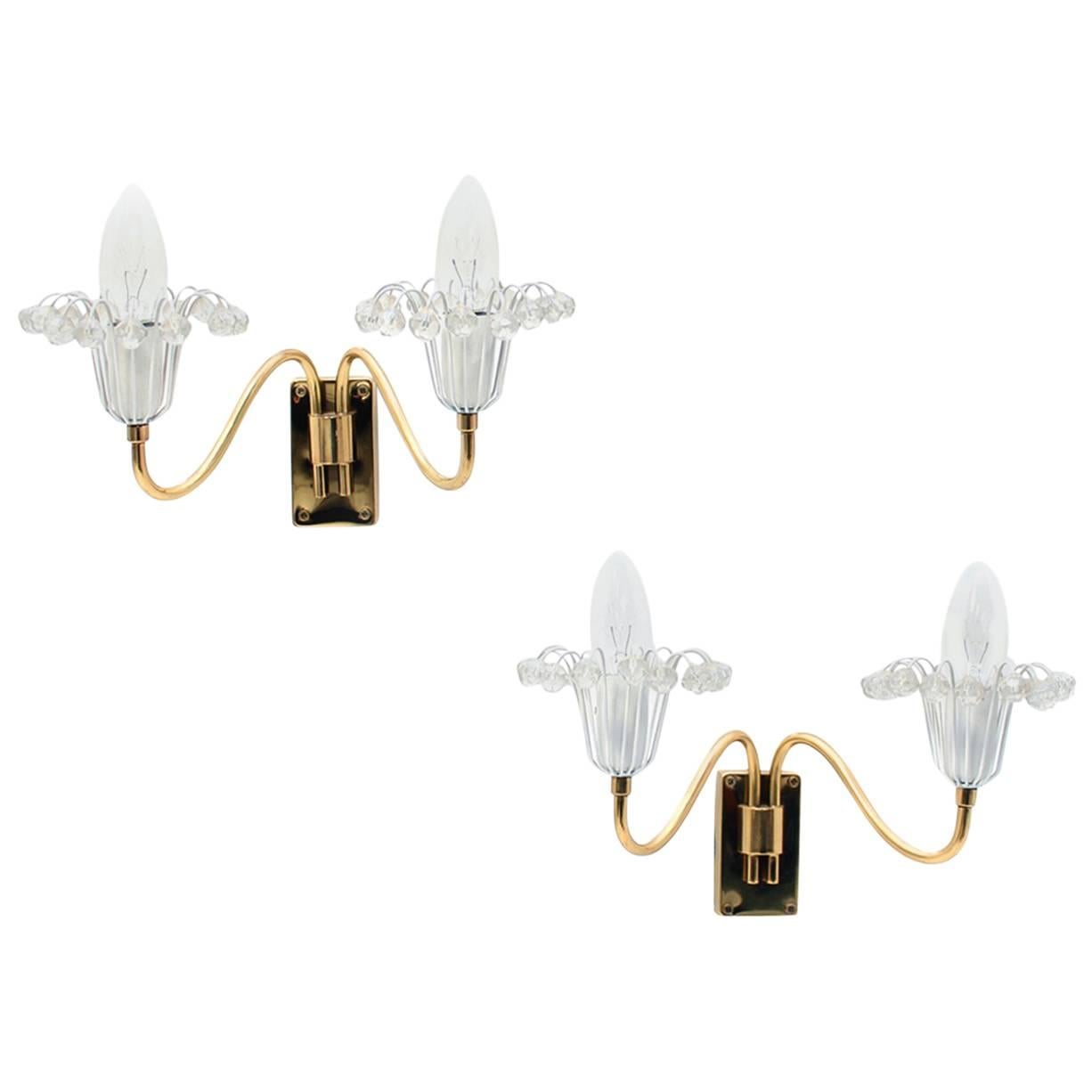 Pair of 1960s Austrian Emil Stejnar Wall Lights Crystal Glass and Brass Sconces For Sale